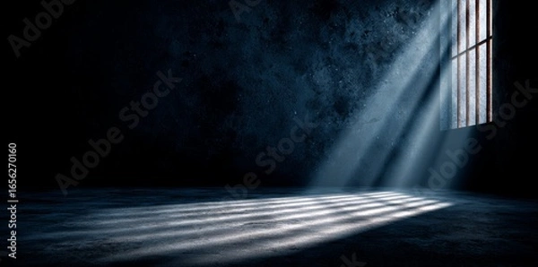 Fototapeta Natural light pours into the room through a large window, casting playful shadows on the wall of the space that is painted a deep blue