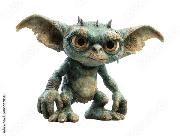 Fototapeta A small green fantasy creature with large yellow eyes spiky head and textured skin.