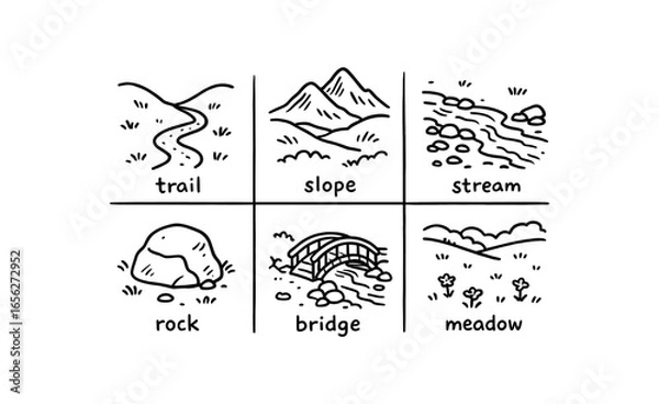 Fototapeta hand drawn cute doodle ink line art style line monochrome monochrome isolated on white background valley hike (features): trail slope stream rock bridge meadow
