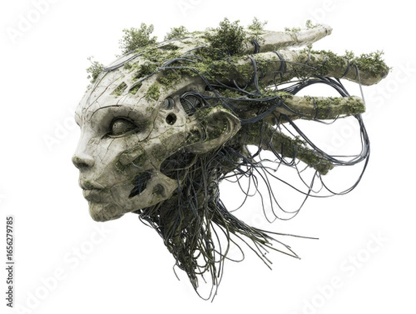 Fototapeta Bio-mechanical female head of cracked stone overgrown with lush moss and tangled wires.