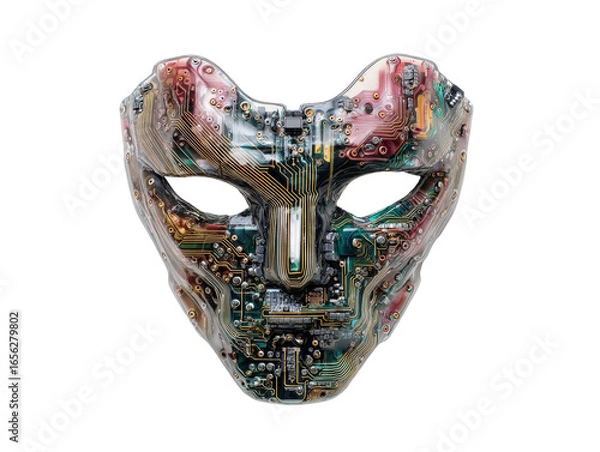Fototapeta Translucent humanoid mask with intricate embedded circuit board patterns and electronic parts.