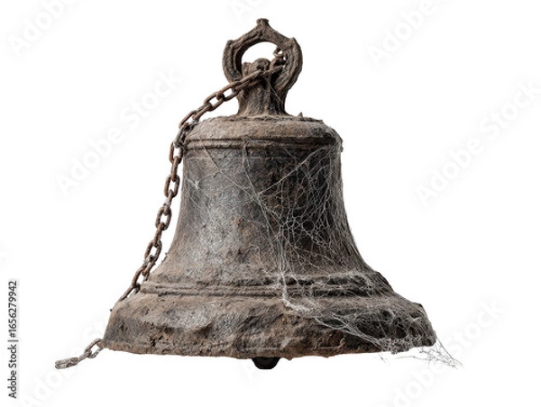 Fototapeta An ancient heavily corroded cast iron bell with a rusty chain covered in intricate dusty cobwebs.
