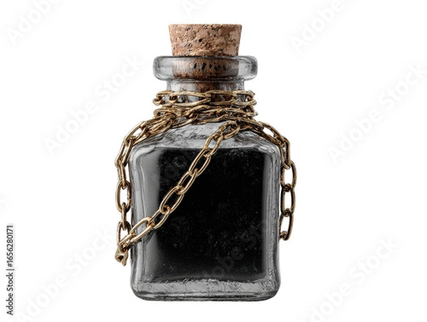 Fototapeta Square glass bottle with black powder sealed with a cork stopper and wrapped in a golden chain.