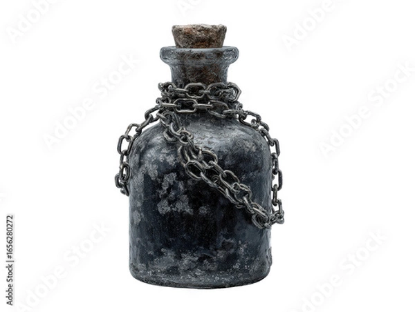 Fototapeta A weathered dark antique bottle wrapped in a heavy metal chain and sealed with a rough cork stopper.