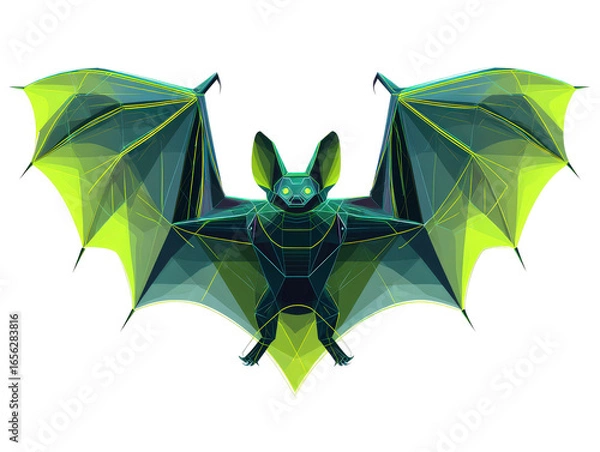 Fototapeta A stylized geometric bat with glowing green eyes and wide-spread faceted wings in a futuristic low-poly style.