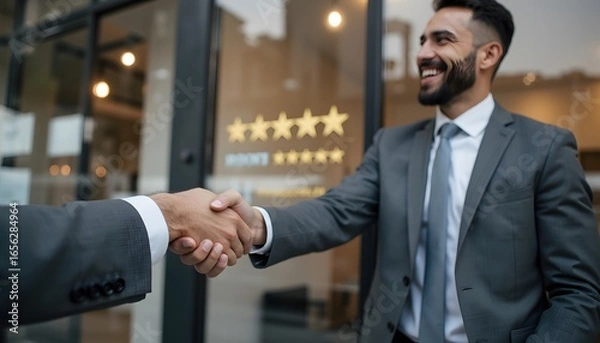 Fototapeta Businessmen Shake Hands in Front of Modern Office Building with Five Star Signage