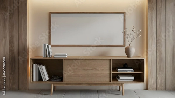 Fototapeta Modern wooden console table with a sleek design, featuring sliding doors and open shelves. 