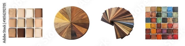 Fototapeta A composition of color palettes including makeup, wood samples, paint swatches