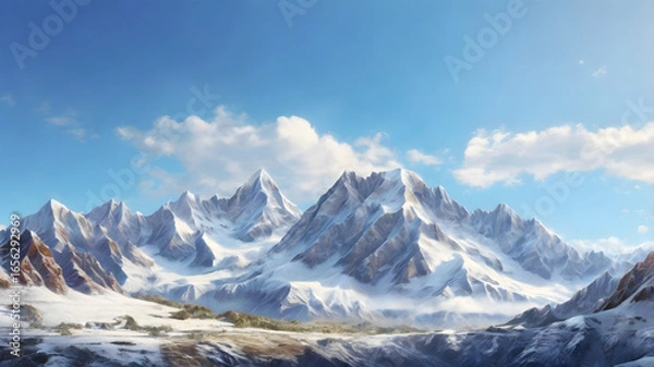 Obraz Majestic snow-capped mountain range under a vast blue sky with fluffy clouds