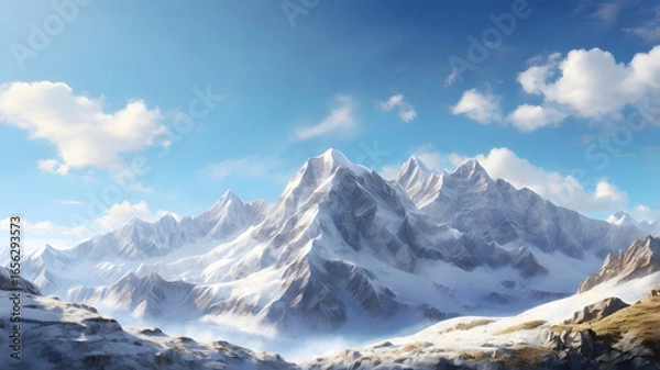 Obraz Majestic snow-capped mountain range under a clear blue sky with fluffy white clouds