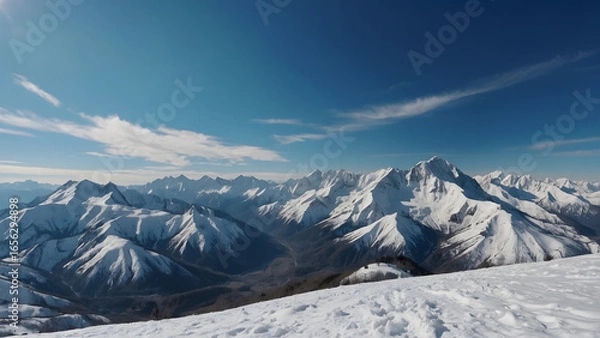 Obraz Vast panoramic view of majestic snow-capped mountains under a clear blue sky with wispy clouds