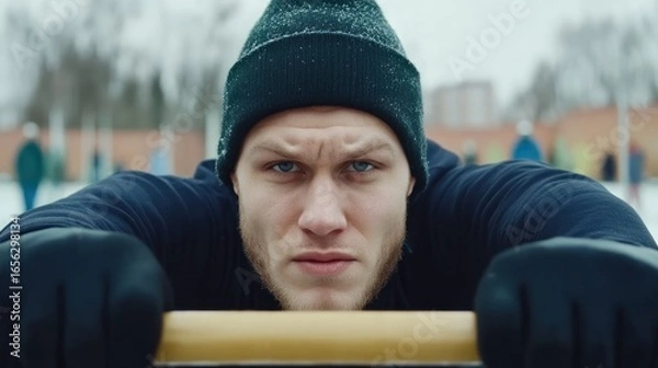 Fototapeta Intense hockey player gazes intensely in winter with determination and focus outdoors