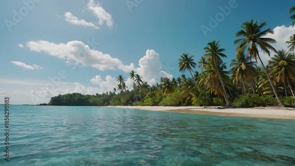 Obraz Serene tropical island paradise beckons with crystal clear turquoise waters and lush palm trees swaying gently
