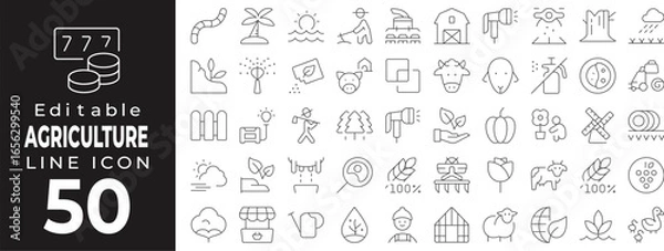 Fototapeta Agriculture and farming set of web icons in line style. Agronomy linear icons collection. Containing farm, plant, crop, barn, tractor, harvest, farmer, greenhouse, wheat, eco, agriculture. Editable