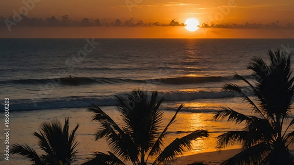 Obraz Spectacular sunset over ocean with silhouette of palm trees, perfect for travel or lifestyle