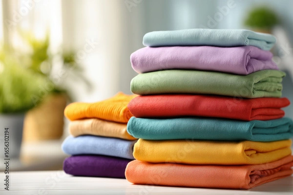 Obraz A neat stack of colorful clothes is arranged on a table, capturing various vibrant shades like purple, orange, and green. Soft natural light creates a warm atmosphere