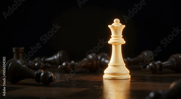 Fototapeta Victorious Chess Queen – Dramatic Close-Up of Gleaming White Queen Amid Fallen Pieces, Symbolizing Mastery and Triumph