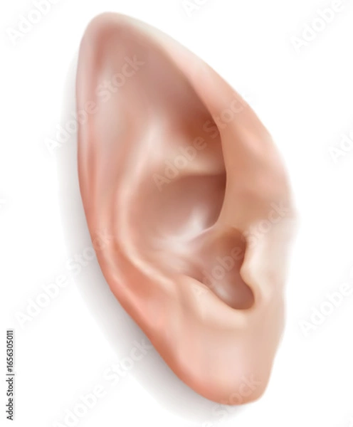 Fototapeta Pointy ear of elf. Realistic 3d vector elven large ear isolated on white background. Suitable for Santa elfs, forest elfs, fairy tale elfs and etc
