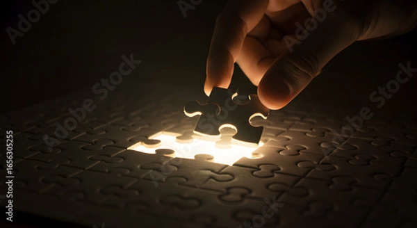 Fototapeta Final Puzzle Piece – Close-Up of Hand Placing Last Piece in Glowing Puzzle, Symbolizing Achievement and Completion