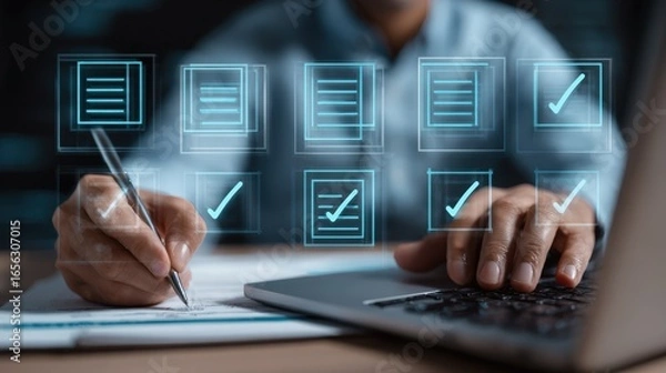 Fototapeta Completing Tasks Efficiently Person Working on Laptop with Checklist and Checkmarks