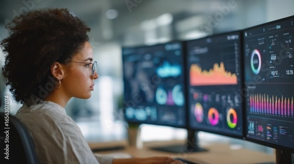Fototapeta Focused Young Businesswoman Analyzing Data on Multiple Monitors in Modern Office She is reviewing charts and graphs