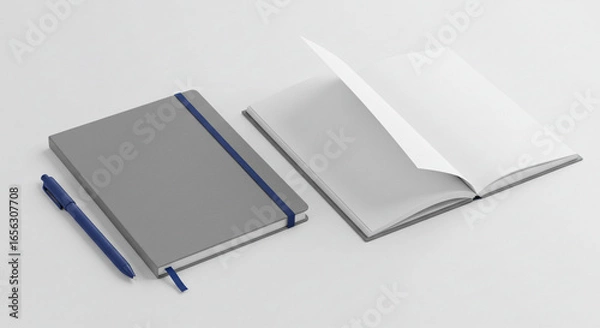 Fototapeta Gray Notebook and Pen Mockup on White 