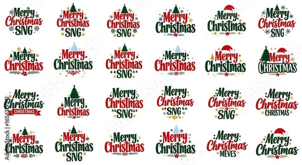 Fototapeta Merry Christmas Typography with Festive Elements and Santa Hats Collection happy holiday