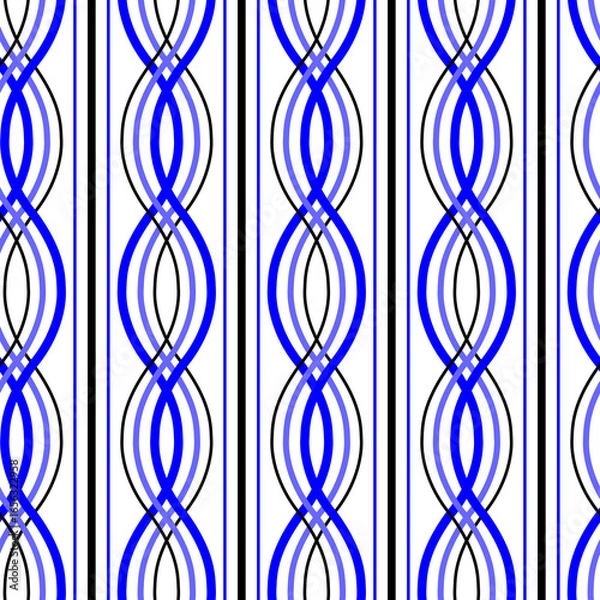 Fototapeta Raster illustration. royal blue and black overlapping swirls with stripes seamless repeat pattern.