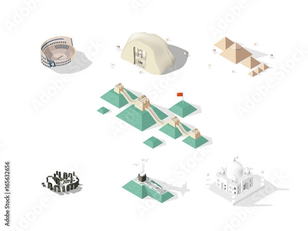 Fototapeta illustration vector isometric design concept of 7 Wonders of the World: Colosseum, Great Wall, Petra, Taj Mahal, Cristo Redentor, Great Pyramid of Giza, stonehenge