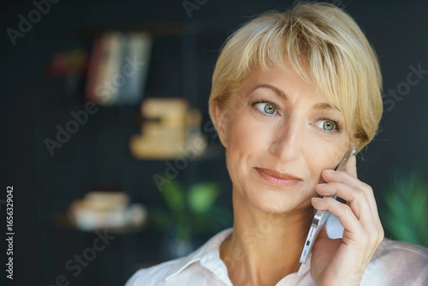 Fototapeta Caucasian woman, 40-50 years old, engages in a serious conversation on her mobile phone indoors. Bookshelf and plants create a thoughtful atmosphere in the home office setting.