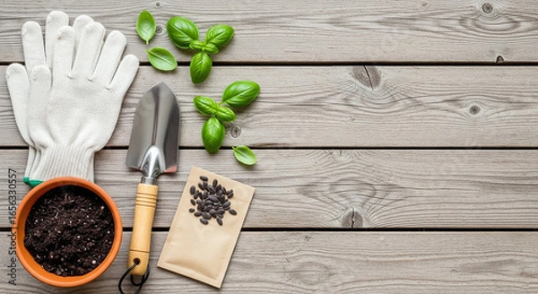 Fototapeta Gardening Essentials Flatlay with Tools and Seeds on Wood