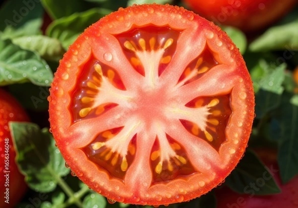 Fototapeta Close-up shot of a ripe, juicy tomato, halved to show its inner structure of seeds and pulp. Lush green leaves surround it