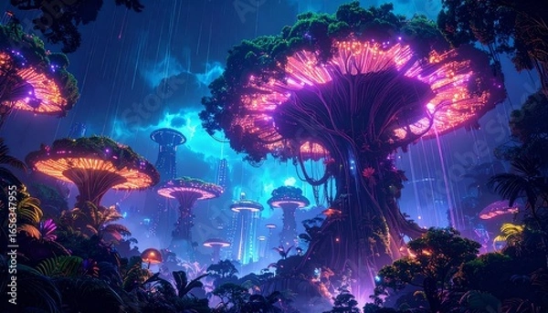 Fototapeta Futuristic icy canyon with neon glows