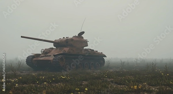 Obraz Rusty Tank in a Foggy Field with Yellow Flowers