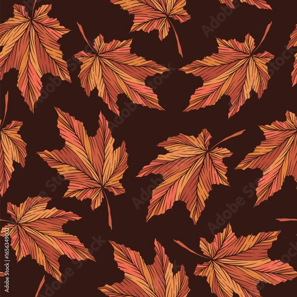 Fototapeta Abstract hand drawn colorful autumn maple leaves seamless pattern. Creative art fall leaf ornament template for fabric print, card. Foliage vector nature illustration isolated on brown background