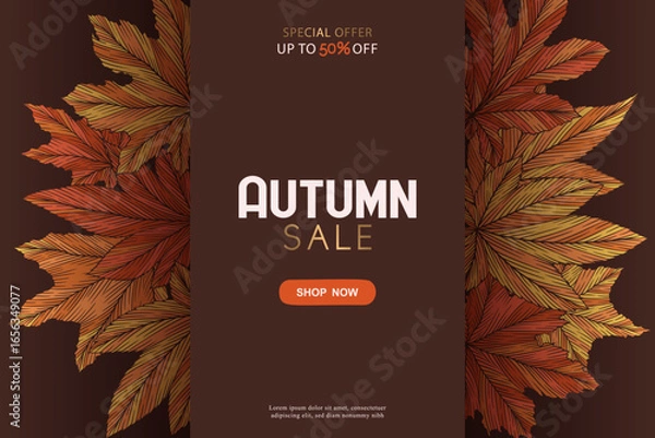 Fototapeta Autumn sale vector banner template with colorful hand drawn maple leaves isolated on brown background. Fall leaf vector illustration. Seasonal design for poster card advertising flyer website