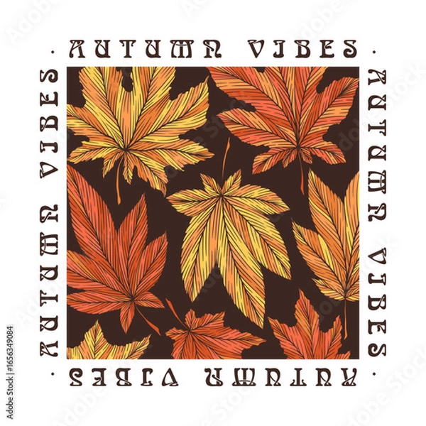 Fototapeta Autumn Vibes vector art illustration with colorful hand drawn maple leaves pattern isolated on white background. Fall leaf nature design for greeting card, poster, t-shirt print, banner