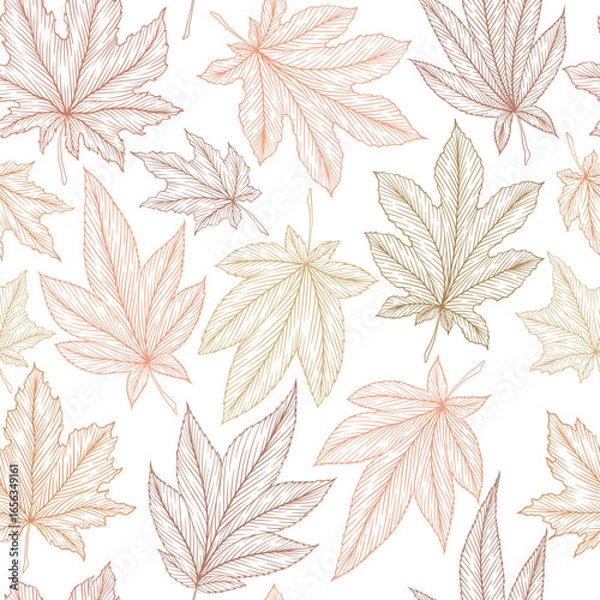 Fototapeta Hand drawn colorful autumn maple leaves seamless pattern. Engraving line art fall leaf ornament template for fabric print, card. Foliage vector nature illustration isolated on white background