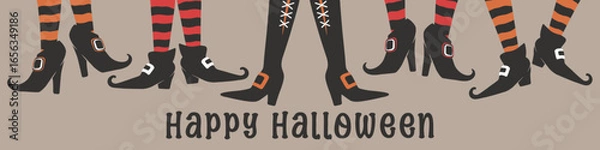 Fototapeta Happy Halloween horizontal illustration with cute cartoon witch legs in shoes and boots isolated on grey background. Vector illustration template for greeting card print, poster, banner