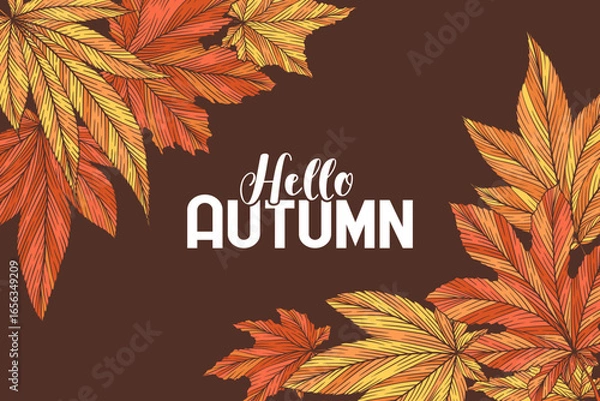 Fototapeta Hello autumn vector banner template with colorful hand drawn maple leaves isolated on brown background. Fall leaf vector illustration. Seasonal design for card advertising flyer website poster