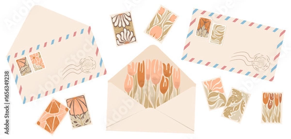 Fototapeta Post card, envelope and post stamp set. Collection of hand drawn mail elements isolated on white background. Vintage letter with flowers. Stationery vector illustrations for web and print