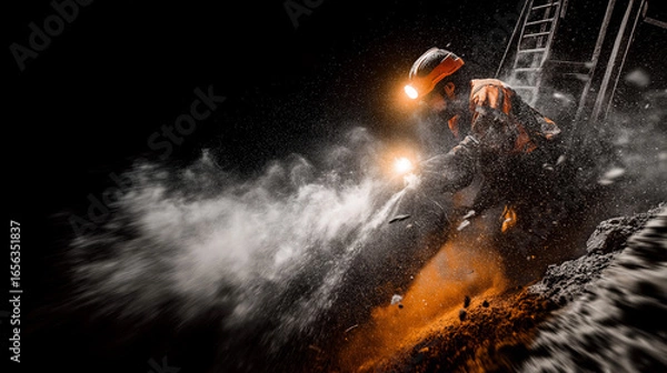 Fototapeta A dynamic photo of a miner operating a large drill, with dust and rock fragments flying, dramatic side lighting from the equipment's lamp, motion blur to convey action, highly detailed, high-impact.