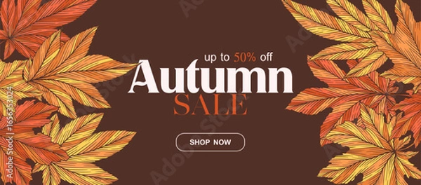 Fototapeta Autumn sale vector banner template with colorful hand drawn maple leaves isolated on brown background. Fall leaf vector illustration. Seasonal design for advertising flyer website poster card