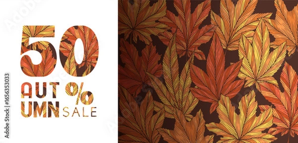 Fototapeta Autumn sale vector banner template with colorful hand drawn maple leaves isolated on brown background. Fall leaf vector illustration. Seasonal design for advertising flyer card  poster website