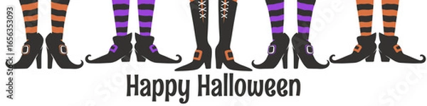 Fototapeta Happy Halloween horizontal illustration with cute cartoon witch legs in shoes and boots isolated on white background. Vector illustration template for greeting card print, poster, banner