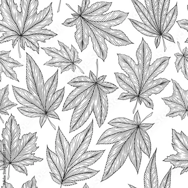 Fototapeta Seamless pattern of hand drawn monochrome autumn maple leaves. Engraving line art fall leaf ornament template for fabric print, card. Foliage vector nature illustration isolated on white background
