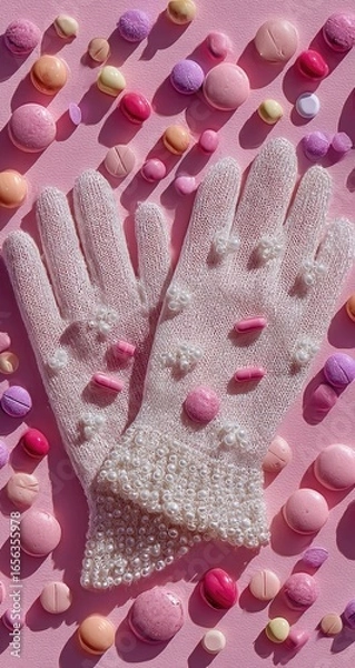 Obraz Pastel pink gloves surrounded by macarons