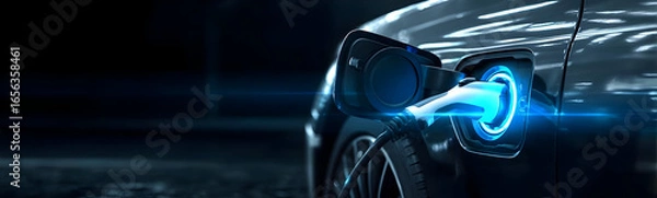 Obraz A close-up shot of an electric car charging port, showcasing modern design and vibrant blue light. Ideal for technology and automotive enthusiasts.