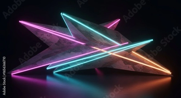 Obraz Neon Grunge Geometric Abstraction: Vibrant Pink and Teal Lines on Dark Stone