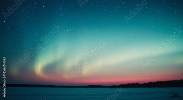 Obraz Aurora Borealis Night Sky Landscape: Teal and Pink Hues over Frozen Lake